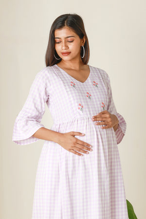 Plaid A Line Kurta with Floral Embroidery Purple
