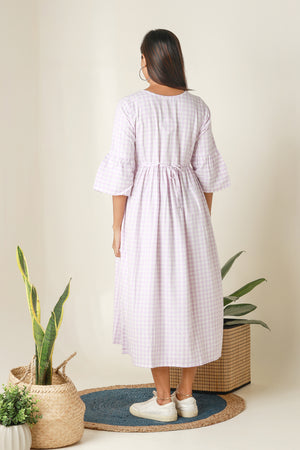 Plaid A Line Kurta with Floral Embroidery Purple