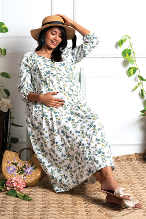 Floral Printed A Line Maternity Kurta Blue