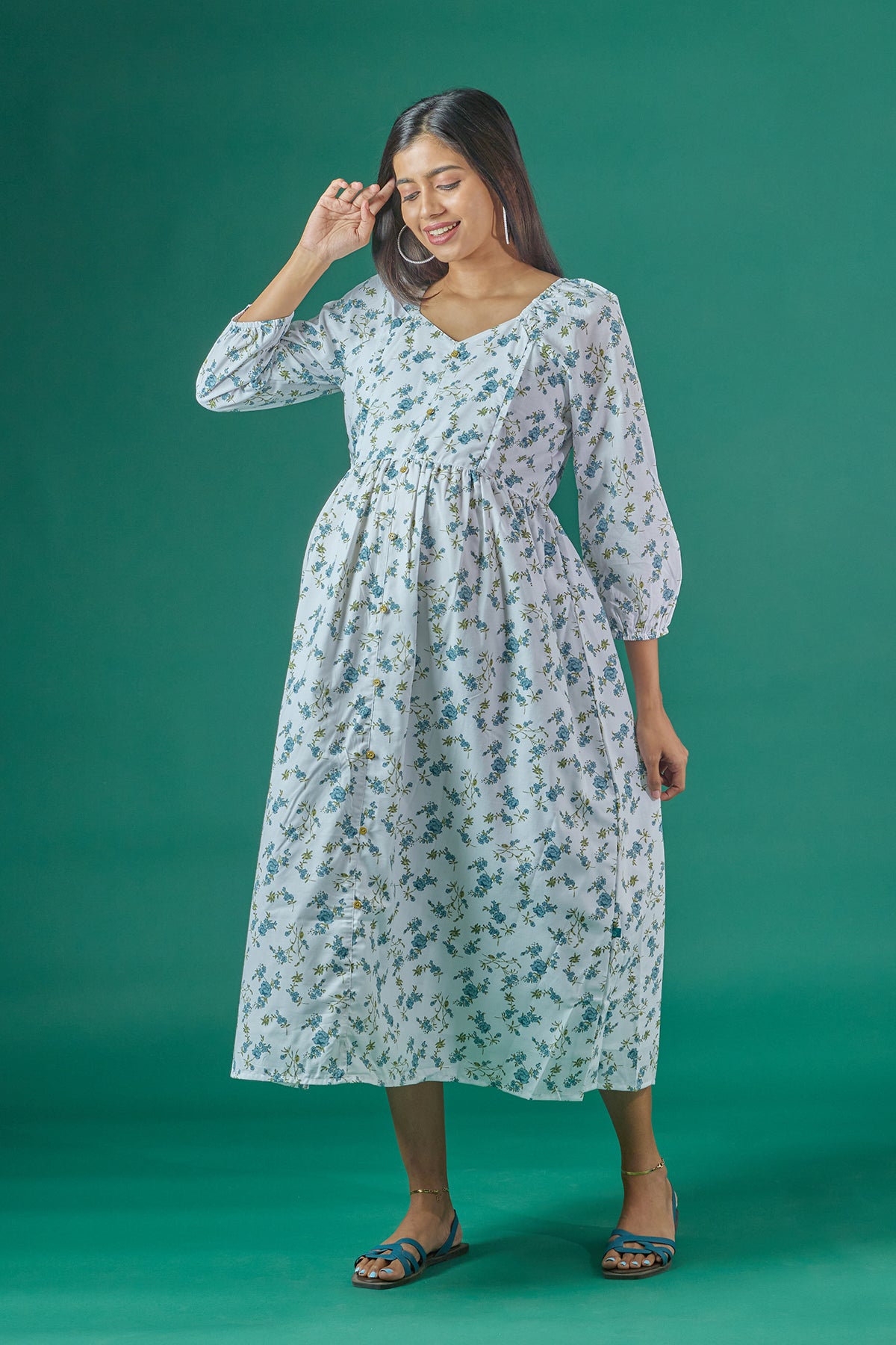 Floral Printed A Line Maternity Kurta Blue