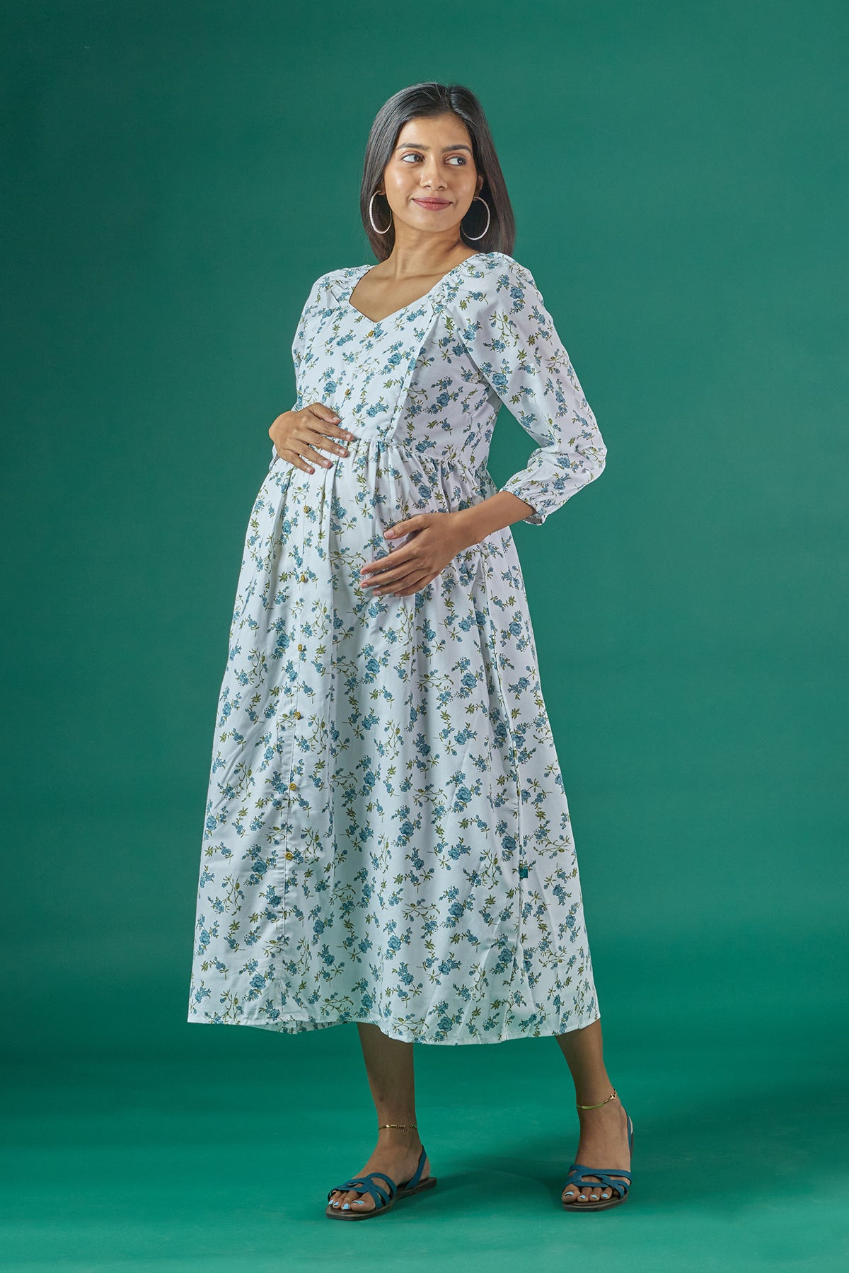 Floral Printed A Line Maternity Kurta Blue
