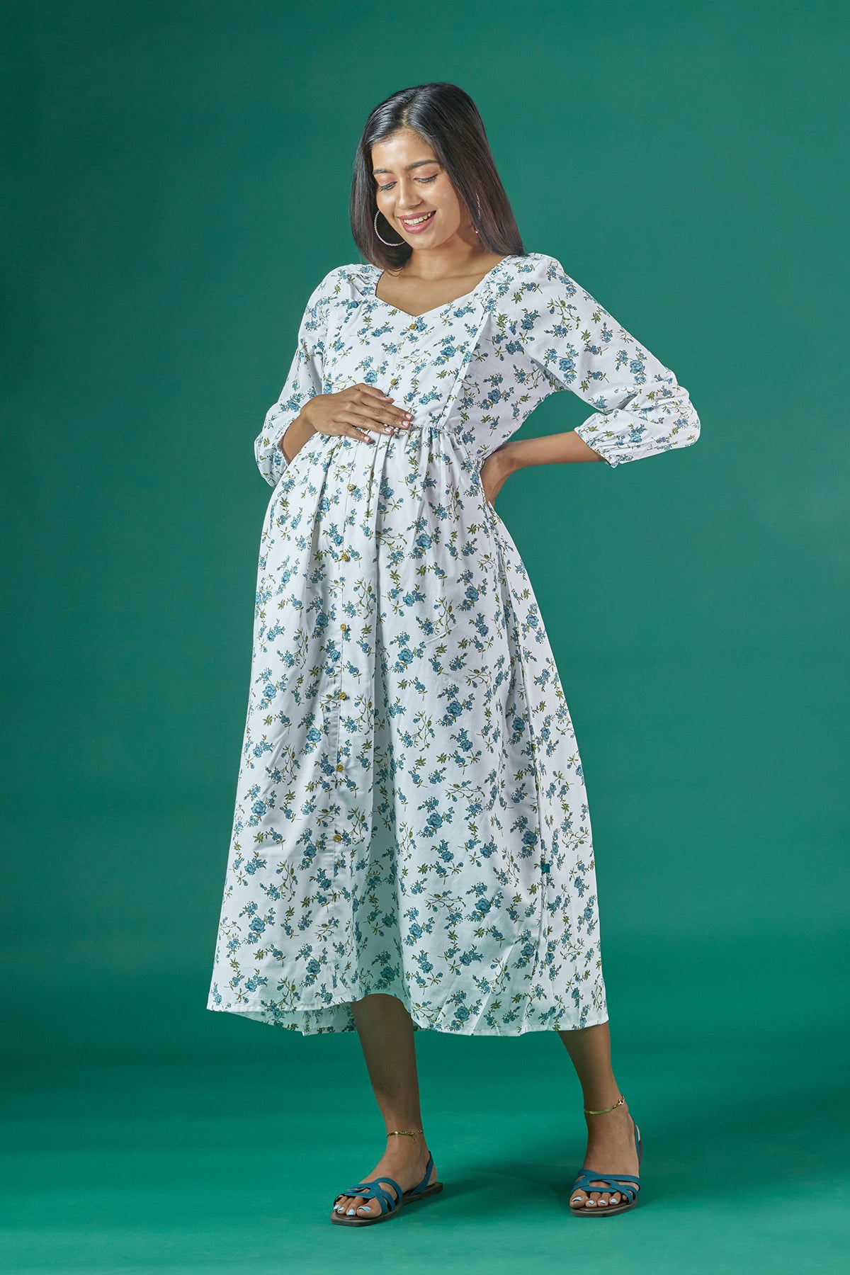 Floral Printed A Line Maternity Kurta Blue
