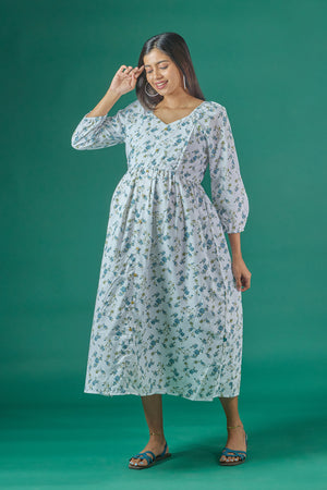 Floral Printed A Line Maternity Kurta Blue