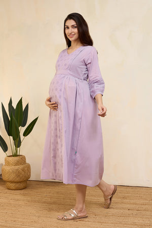 Schiffli Maternity Dress with Waist Tie-up - Lilac