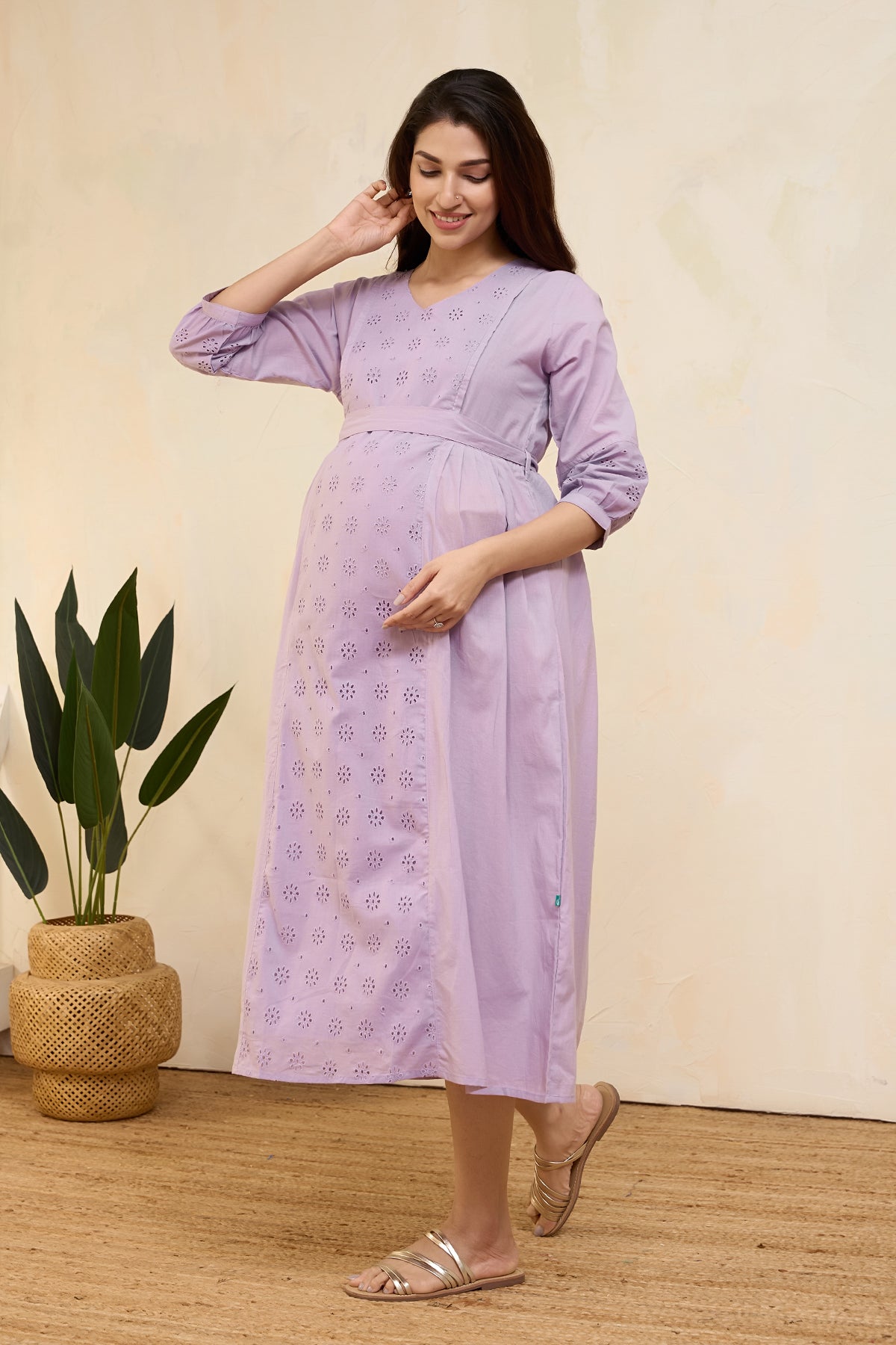 Schiffli Maternity Dress with Waist Tie-up - Lilac