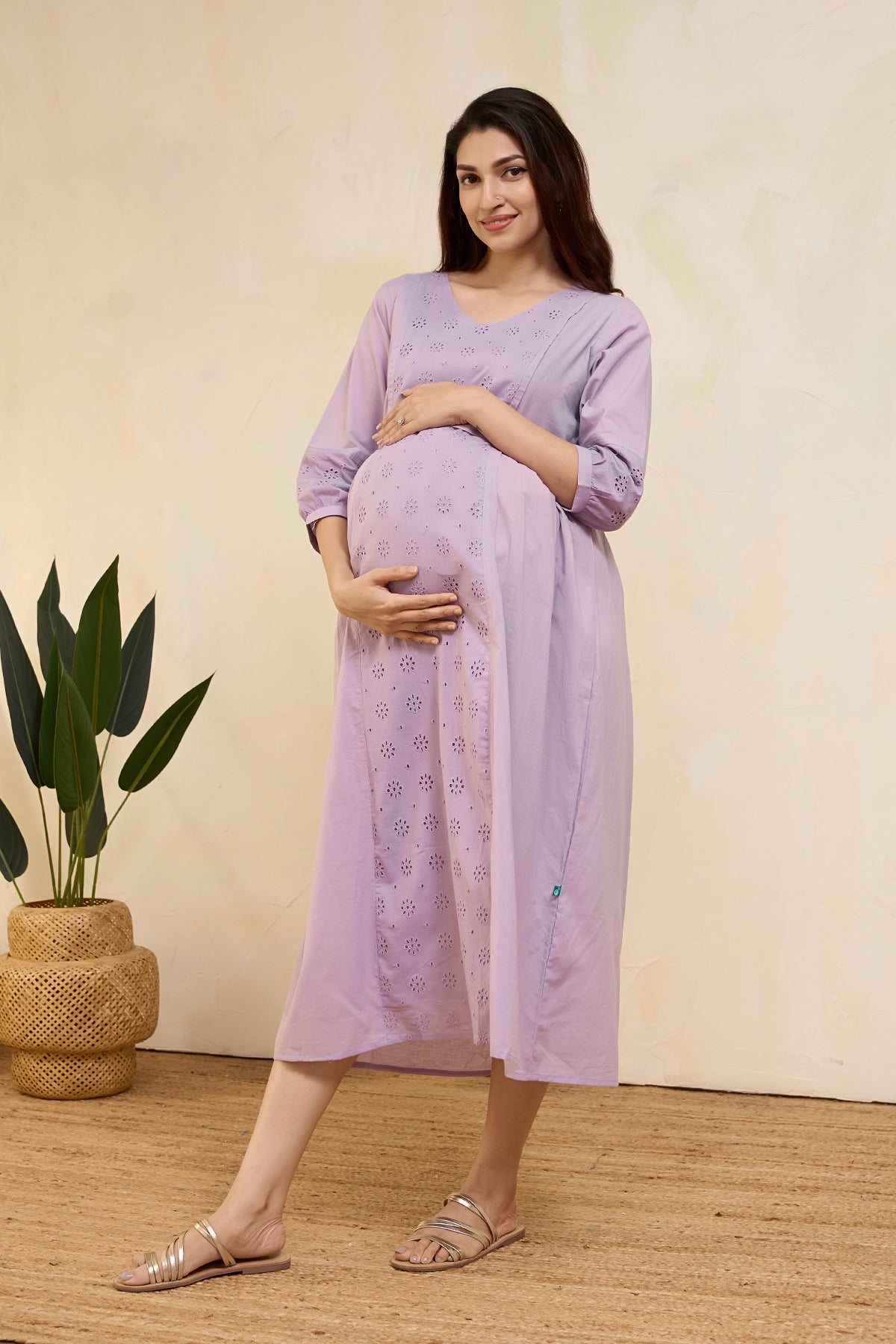 Schiffli Maternity Dress with Waist Tie-up - Lilac