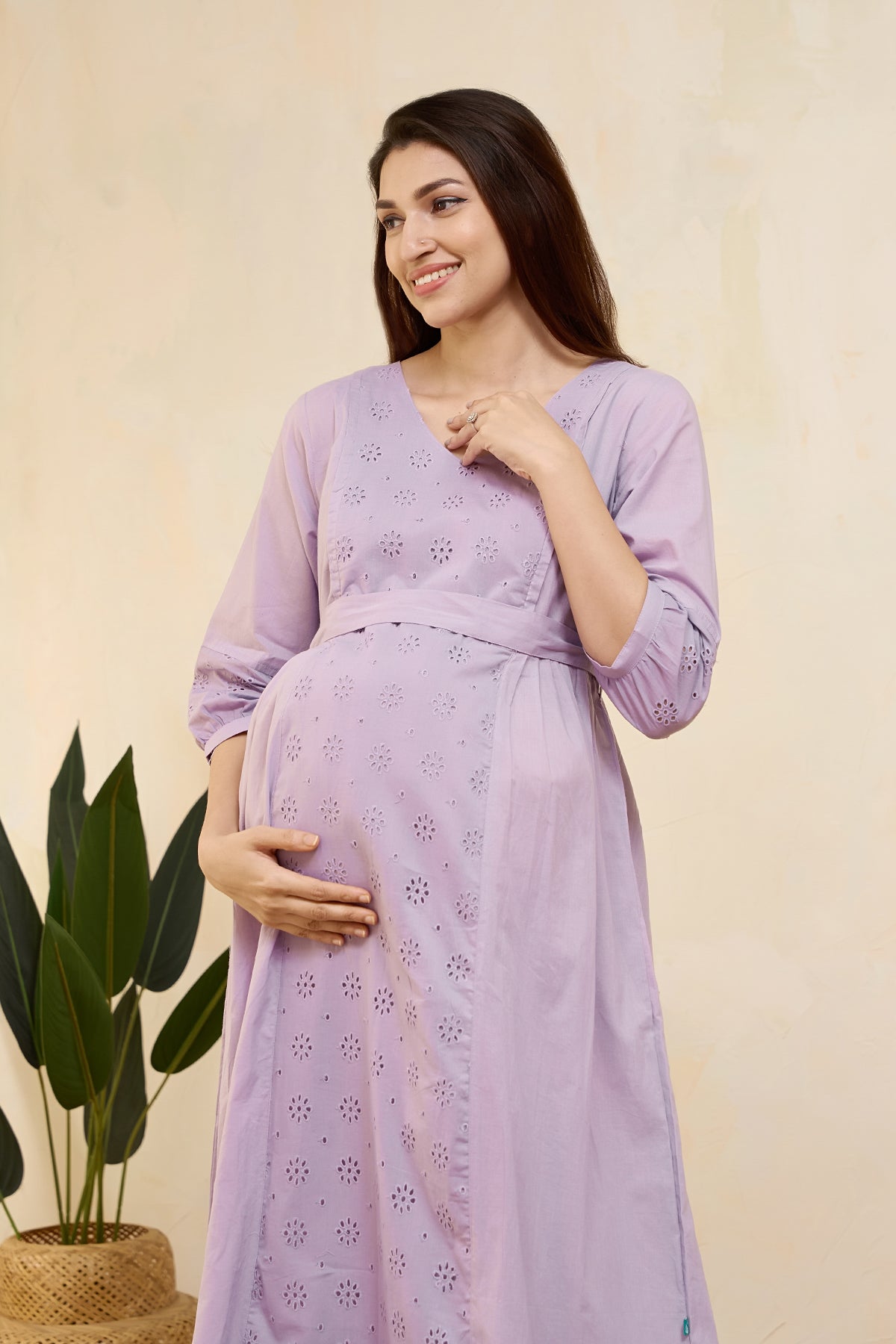 Schiffli Maternity Dress with Waist Tie-up - Lilac