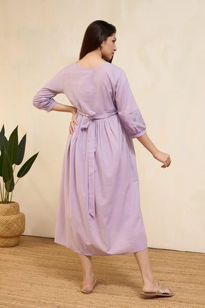 Schiffli Maternity Dress with Waist Tie-up - Lilac