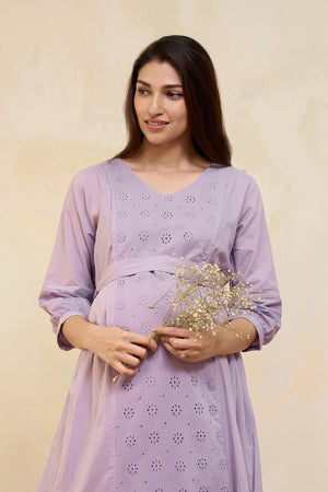 Schiffli Maternity Dress with Waist Tie-up - Lilac