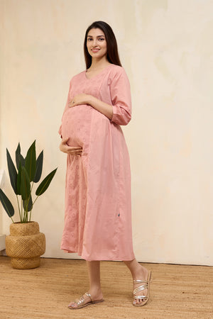 Schiffli Maternity Dress with Waist Tie-up - Peach