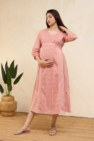 Schiffli Maternity Dress with Waist Tie-up - Peach