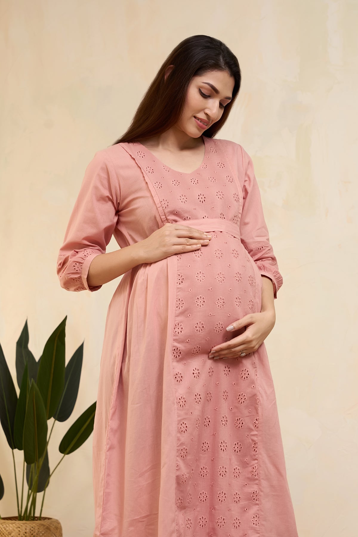 Schiffli Maternity Dress with Waist Tie-up - Peach