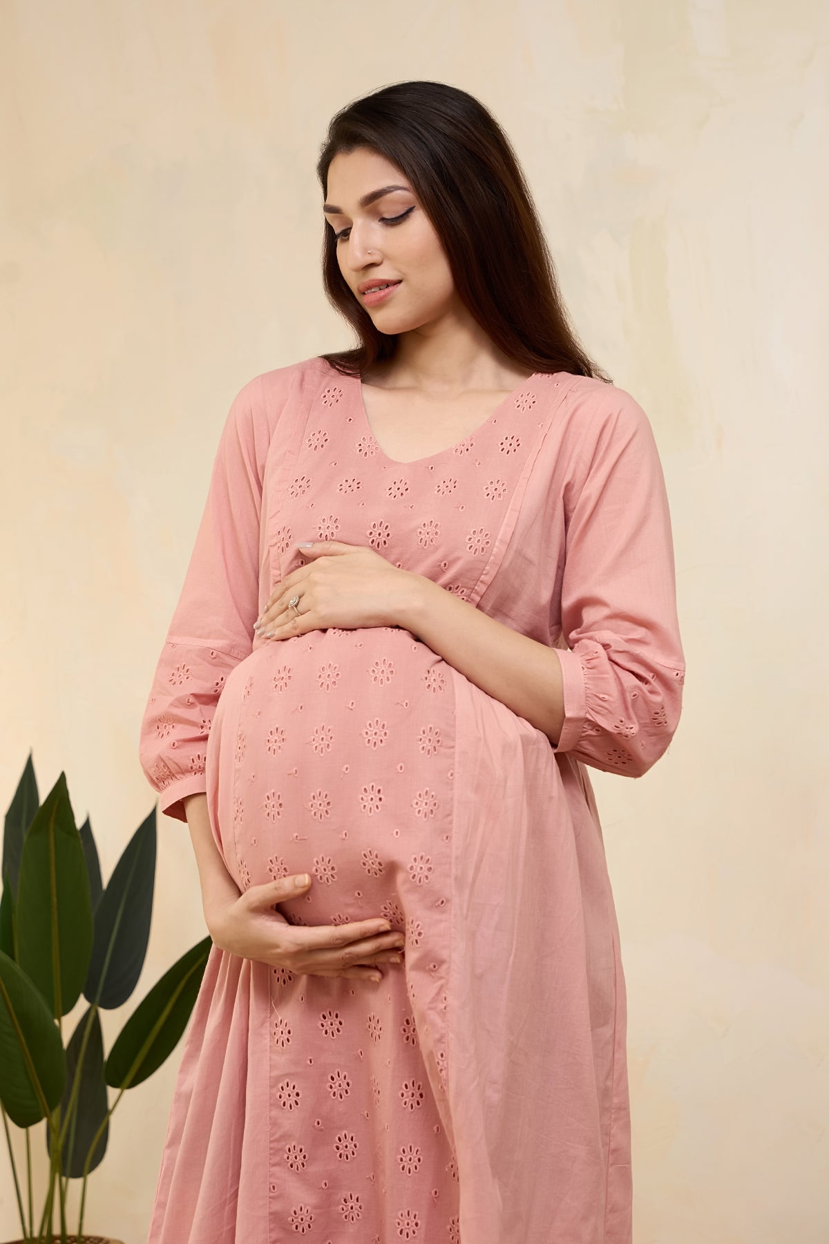 Schiffli Maternity Dress with Waist Tie-up - Peach