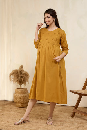 Floral Schiffli Maternity Dress - Mustard