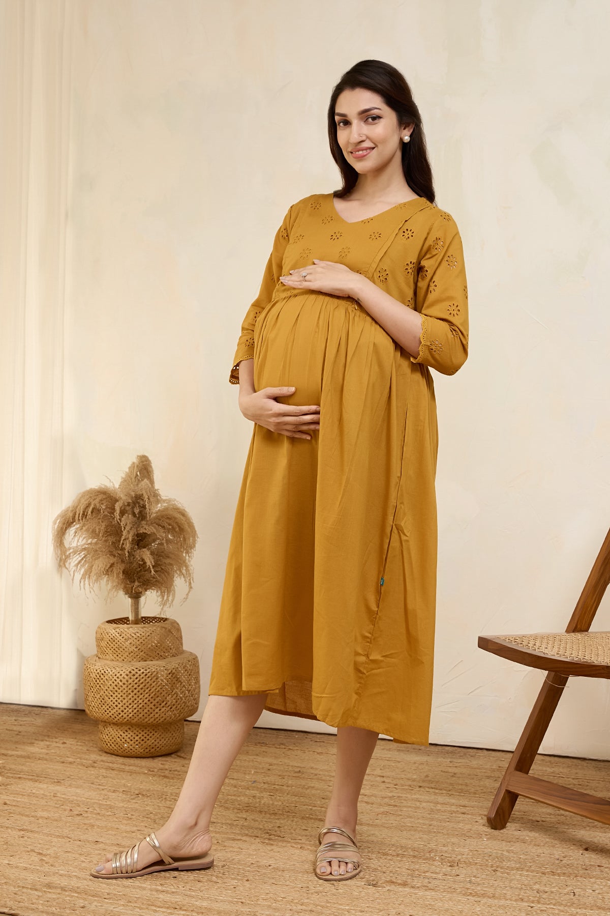 Floral Schiffli Maternity Dress - Mustard