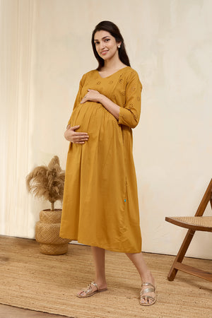 Floral Schiffli Maternity Dress - Mustard