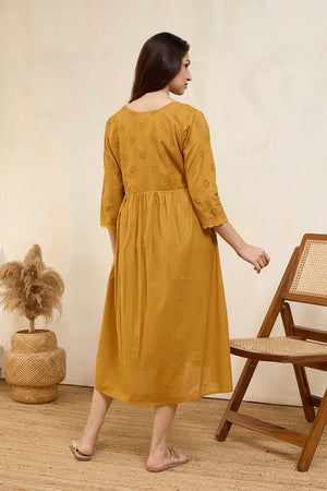 Floral Schiffli Maternity Dress - Mustard