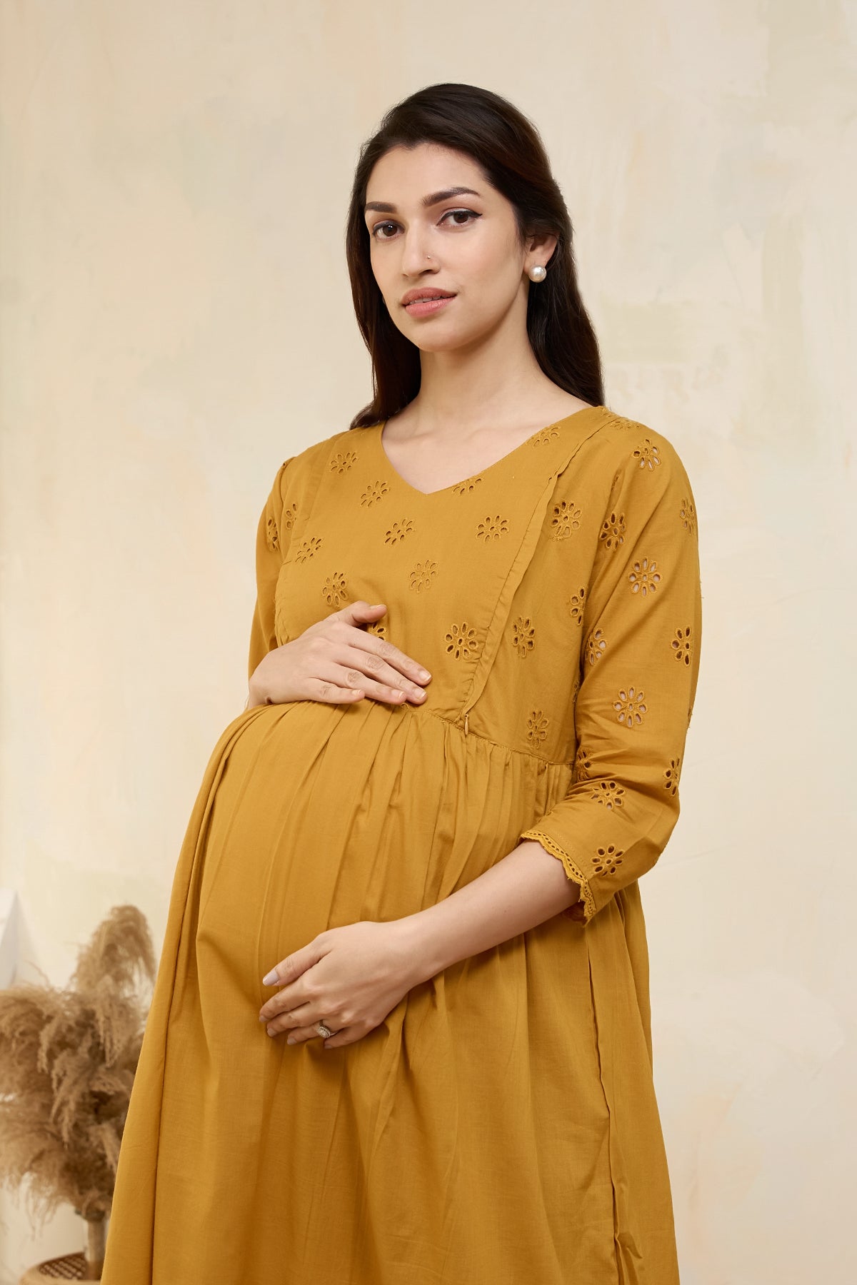 Floral Schiffli Maternity Dress - Mustard