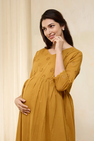 Floral Schiffli Maternity Dress - Mustard