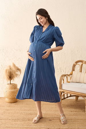 Dobby Striped Maternity Shirt Dress - Blue