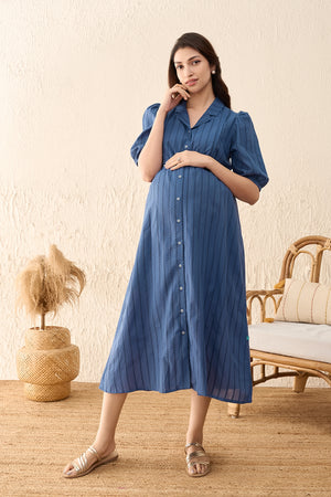 Dobby Striped Maternity Shirt Dress - Blue