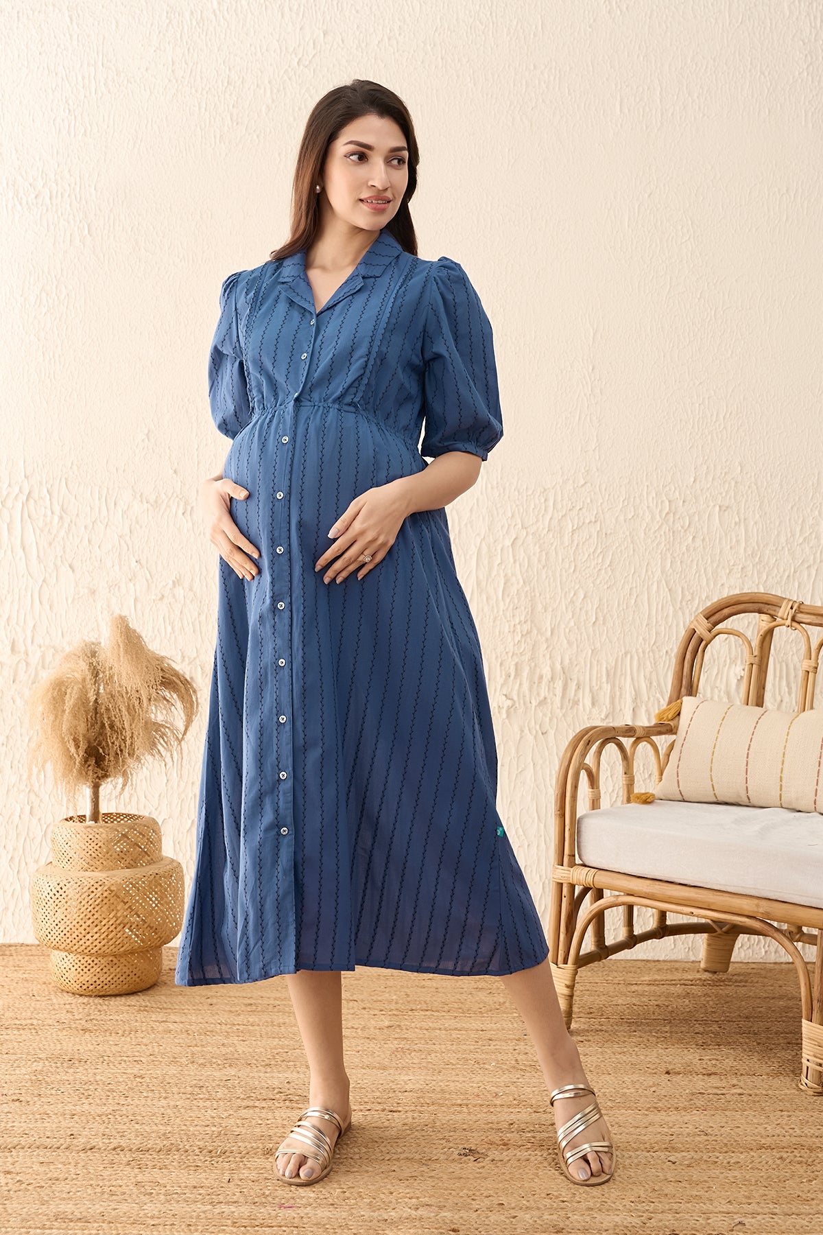 Dobby Striped Maternity Shirt Dress - Blue