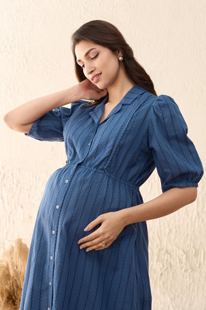 Dobby Striped Maternity Shirt Dress - Blue