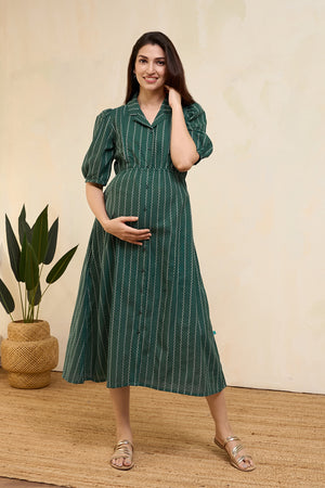 Dobby Striped Maternity Shirt Dress - Green