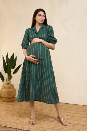 Dobby Striped Maternity Shirt Dress - Green