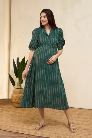 Dobby Striped Maternity Shirt Dress - Green