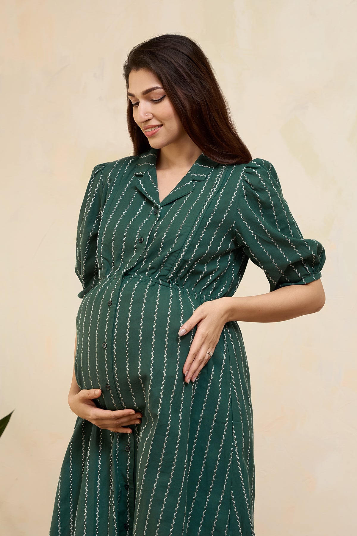 Dobby Striped Maternity Shirt Dress - Green