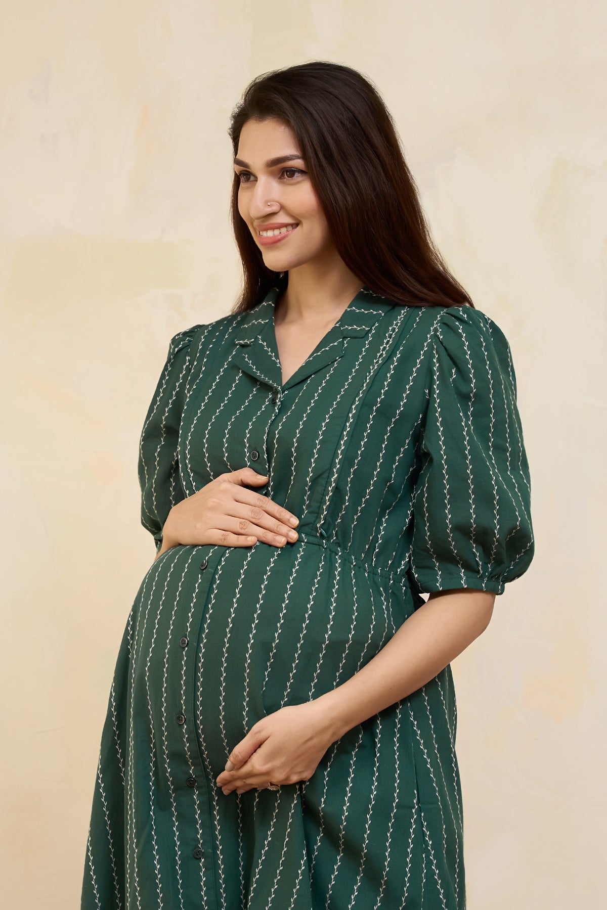 Dobby Striped Maternity Shirt Dress - Green