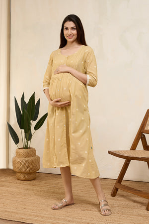 Dobby Weave Pleated Maternity Dress - Mustard