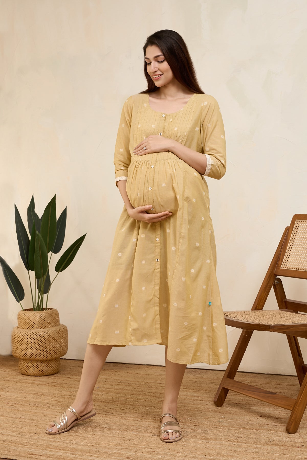 Dobby Weave Pleated Maternity Dress - Mustard