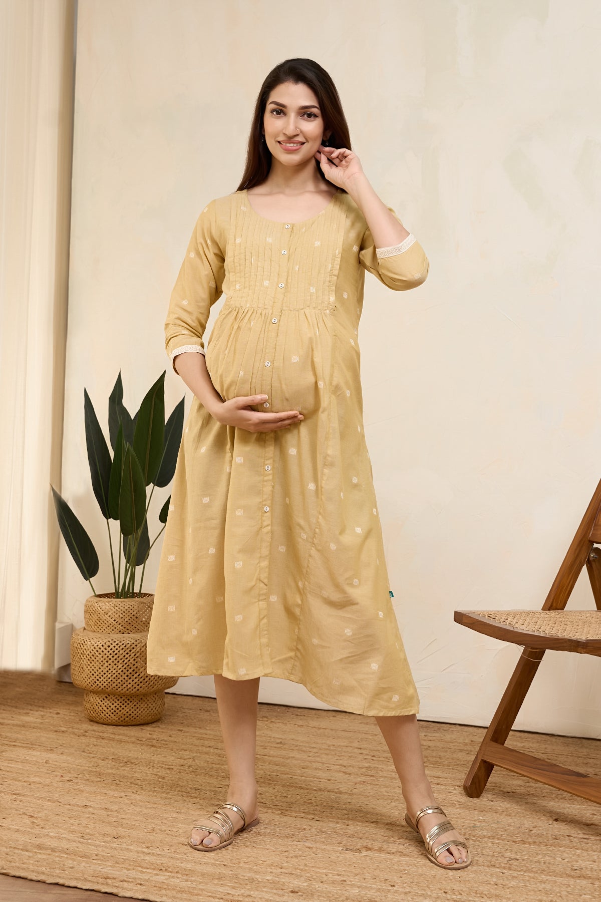 Dobby Weave Pleated Maternity Dress - Mustard