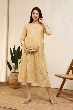 Dobby Weave Pleated Maternity Dress - Mustard