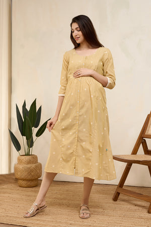 Dobby Weave Pleated Maternity Dress - Mustard