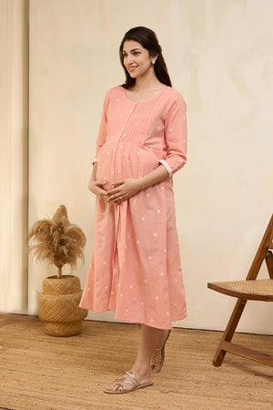 Dobby Weave Pleated Maternity Dress - Peach