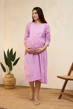 Floral Embroidered Pleated Maternity Dress - Pink