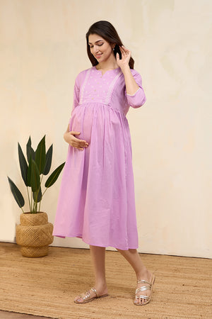 Floral Embroidered Pleated Maternity Dress - Pink