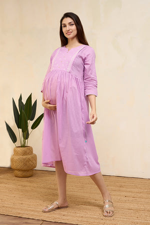 Floral Embroidered Pleated Maternity Dress - Pink