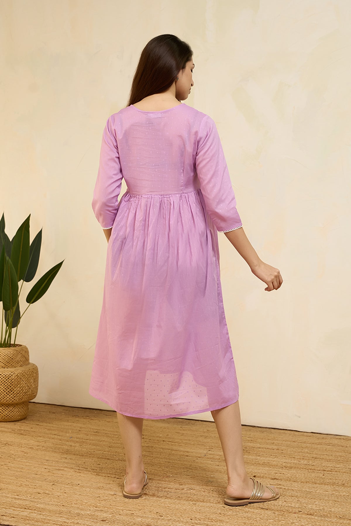 Floral Embroidered Pleated Maternity Dress - Pink