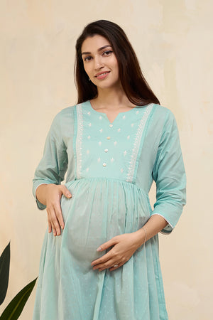 Floral Embroidered Pleated Maternity Dress - Light Blue