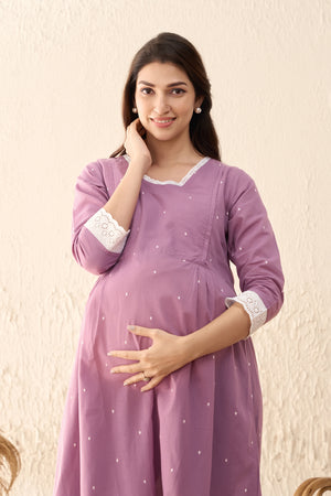 Dobby Weave Lace Embellished Maternity Dress - Lavendar