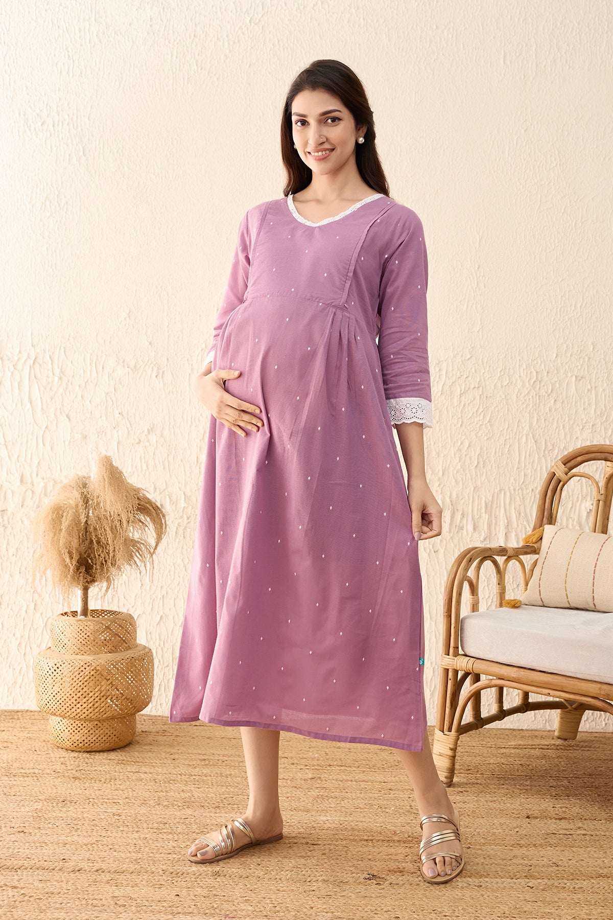 Dobby Weave Lace Embellished Maternity Dress - Lavendar