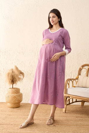 Dobby Weave Lace Embellished Maternity Dress - Lavendar