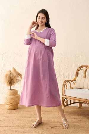 Dobby Weave Lace Embellished Maternity Dress - Lavendar