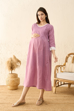 Dobby Weave Lace Embellished Maternity Dress - Lavendar