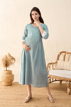 Dobby Weave Lace Embellished Maternity Dress - BLue