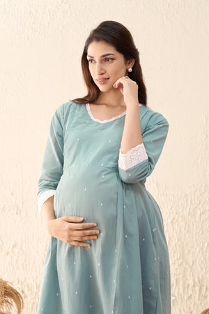 Dobby Weave Lace Embellished Maternity Dress - BLue